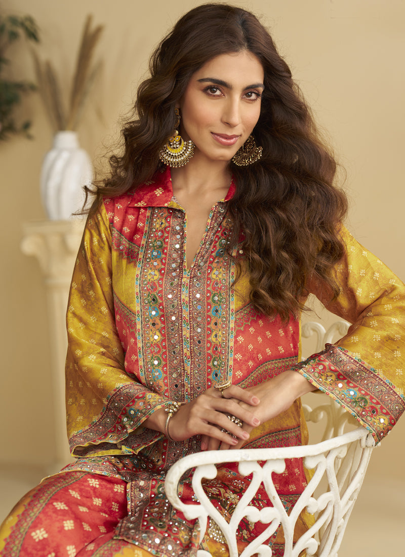 Yellow Crepe Silk Embellished Mirror Work Designer Co-Ord Set