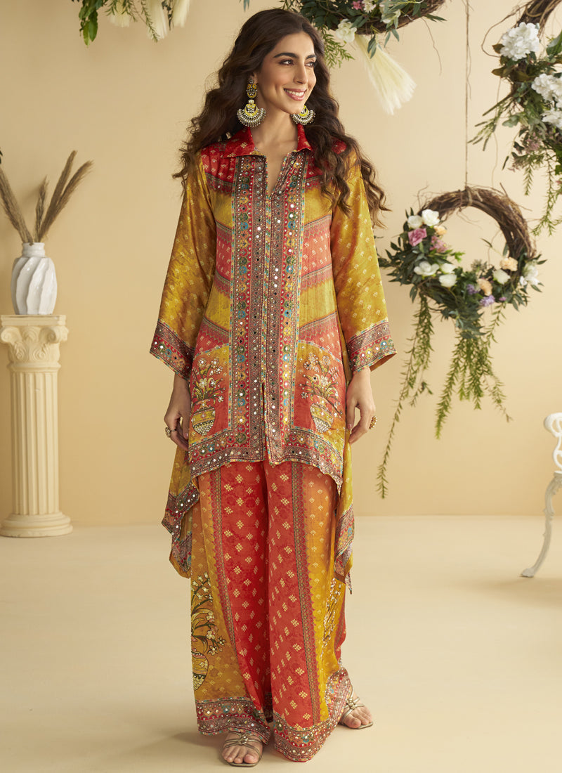 Yellow Crepe Silk Embellished Mirror Work Designer Co-Ord Set