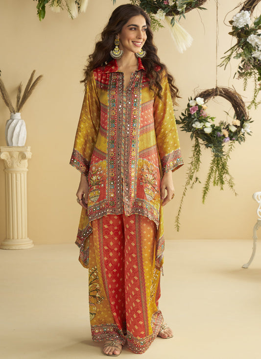 Yellow Crepe Silk Embellished Mirror Work Designer Co-Ord Set