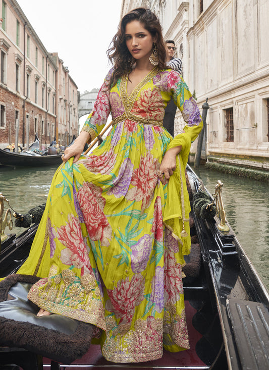 Parrot Green Chinon Silk Embroidered Digital Print Festive Look Gown With Dupatta