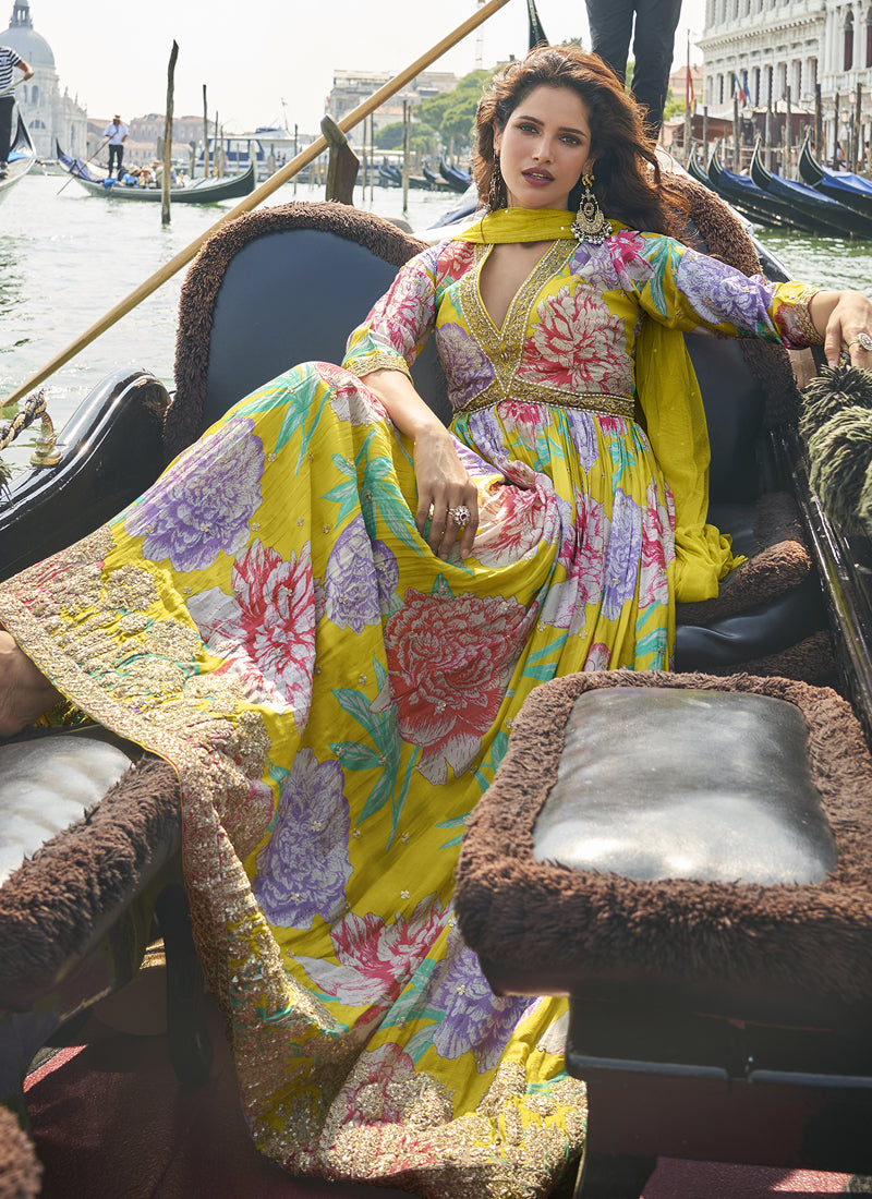 Parrot Green Chinon Silk Embroidered Digital Print Festive Look Gown With Dupatta