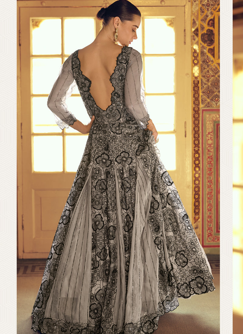 Light Grey Viscos Shimmer Jacquard Silk Embroidered Gown