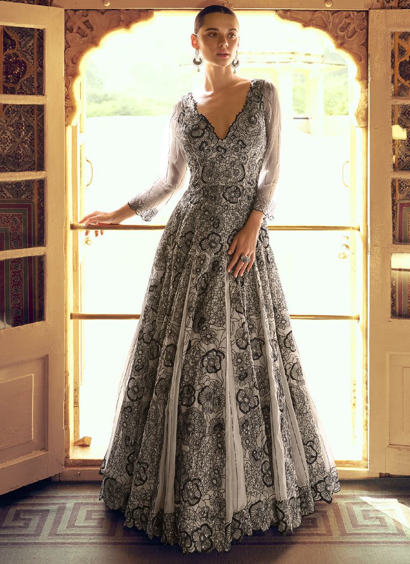 Light Grey Viscos Shimmer Jacquard Silk Embroidered Gown