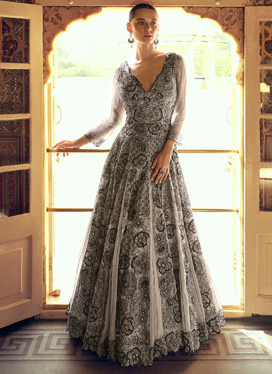 Light Grey Viscos Shimmer Jacquard Silk Embroidered Gown