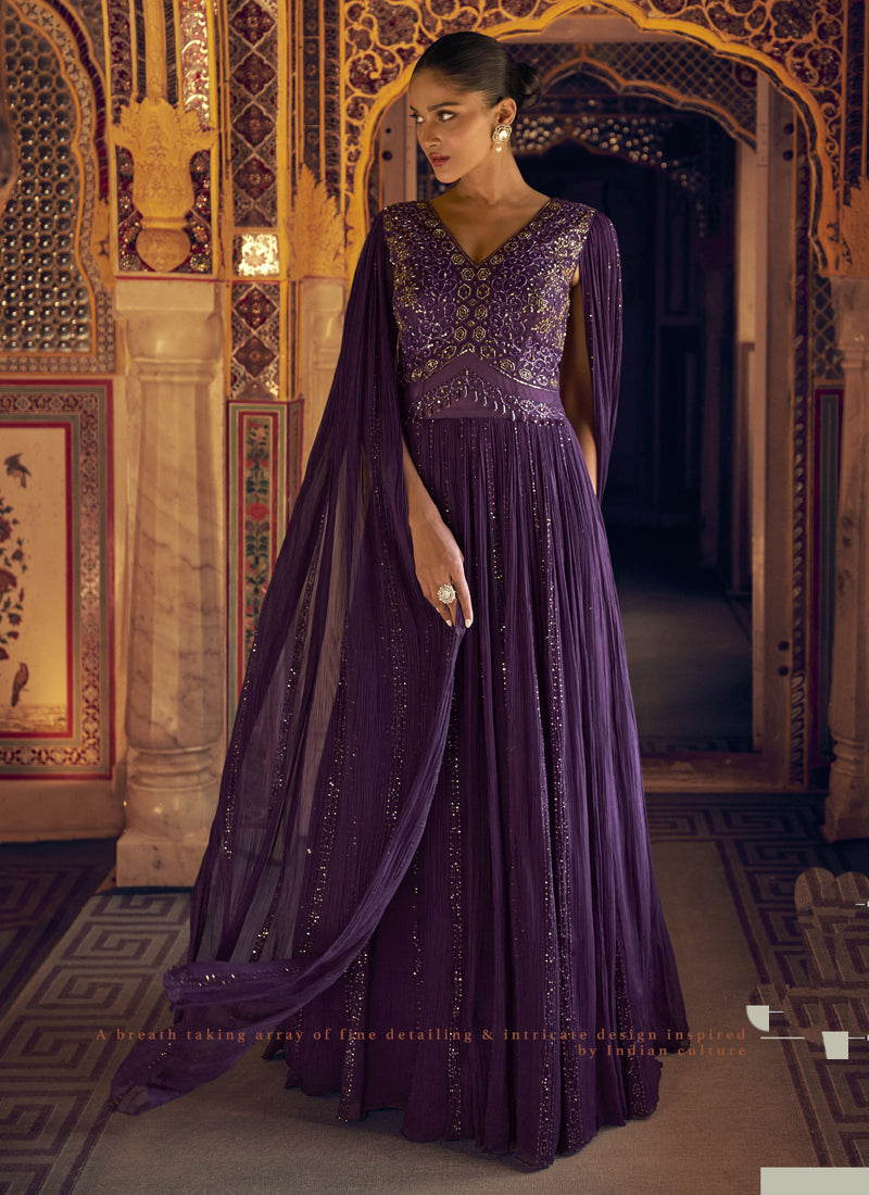 Violet Viscos Shimmer Jacquard Silk Embroidered Gown