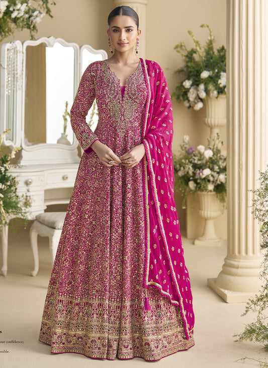 Pink Georgette Embroidered Seroski Zarkan Anarkali Suit