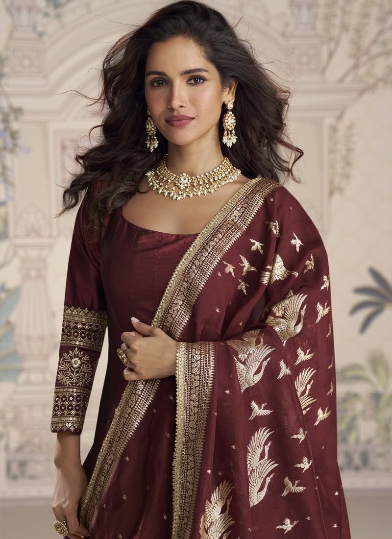 Maroon Viscos Jacquard Silk Embroidered Gown With Viscos Dupatta
