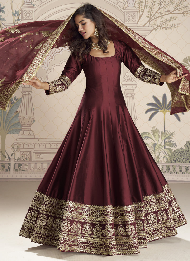 Maroon Viscos Jacquard Silk Embroidered Gown With Viscos Dupatta