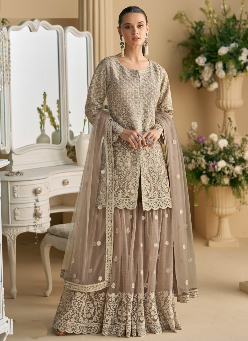 Beige Net Embroidered Sequence Designer Palazzo Suit