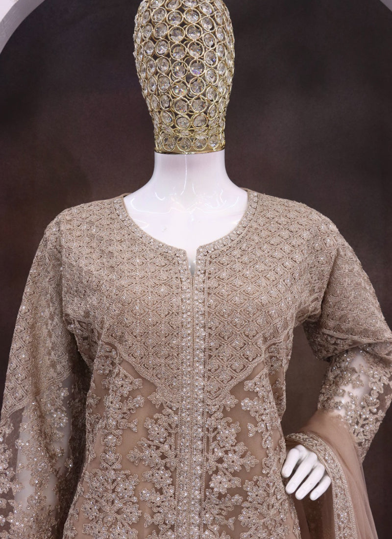 Beige Net Embroidered Sequence Designer Palazzo Suit