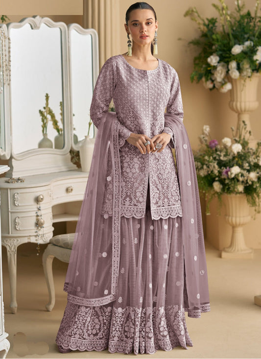 Onion Pink Net Embroidered Sequence Designer Palazzo Suit