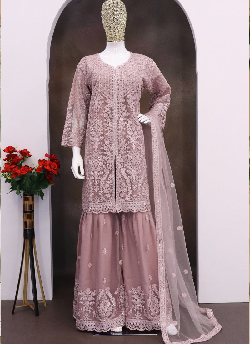 Onion Pink Net Embroidered Sequence Designer Palazzo Suit