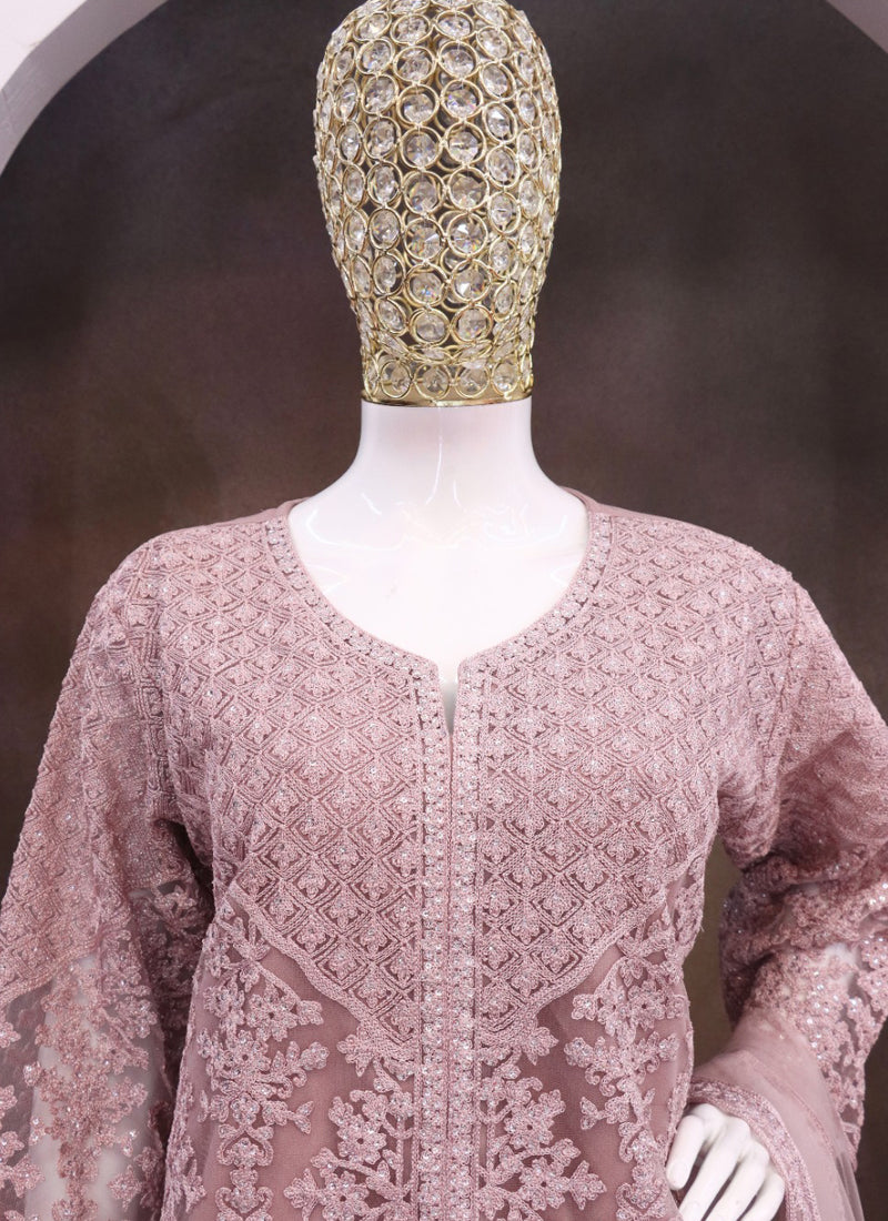Onion Pink Net Embroidered Sequence Designer Palazzo Suit