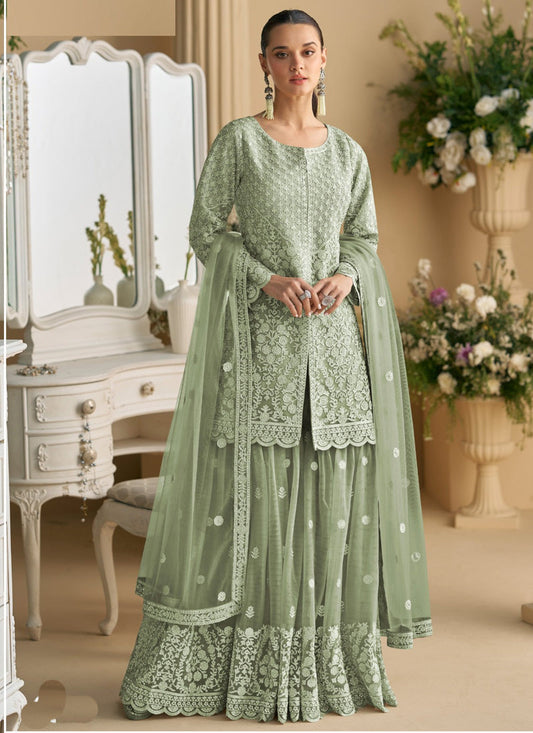 Lime Green Net Embroidered Sequence Designer Palazzo Suit