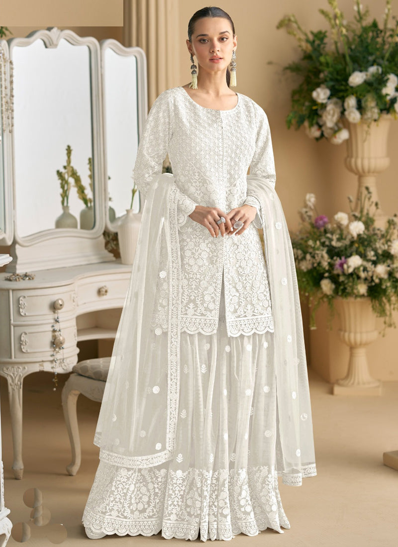 Off White Net Embroidered Sequence Designer Palazzo Suit
