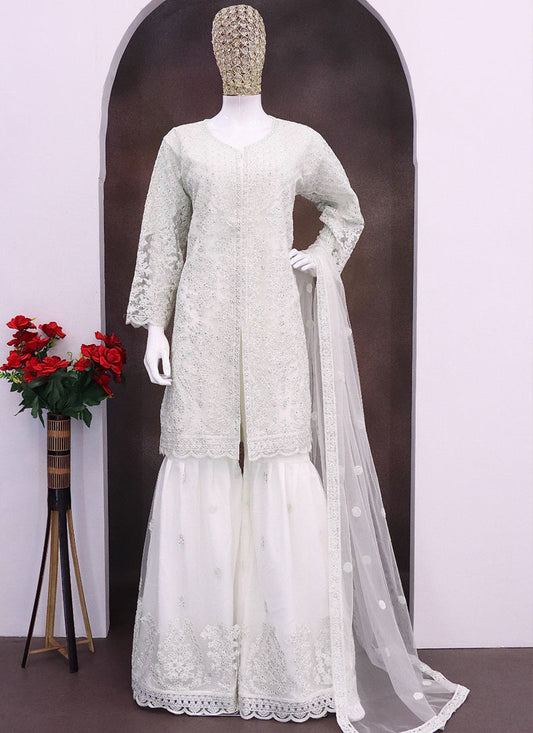 Off White Net Embroidered Sequence Designer Palazzo Suit