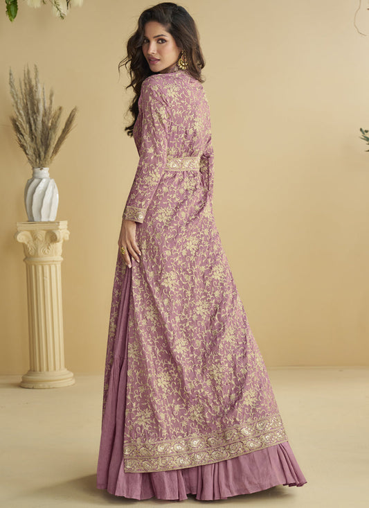 Onion Pink Chinon Silk Embroidered Designer Gown With Shrug
