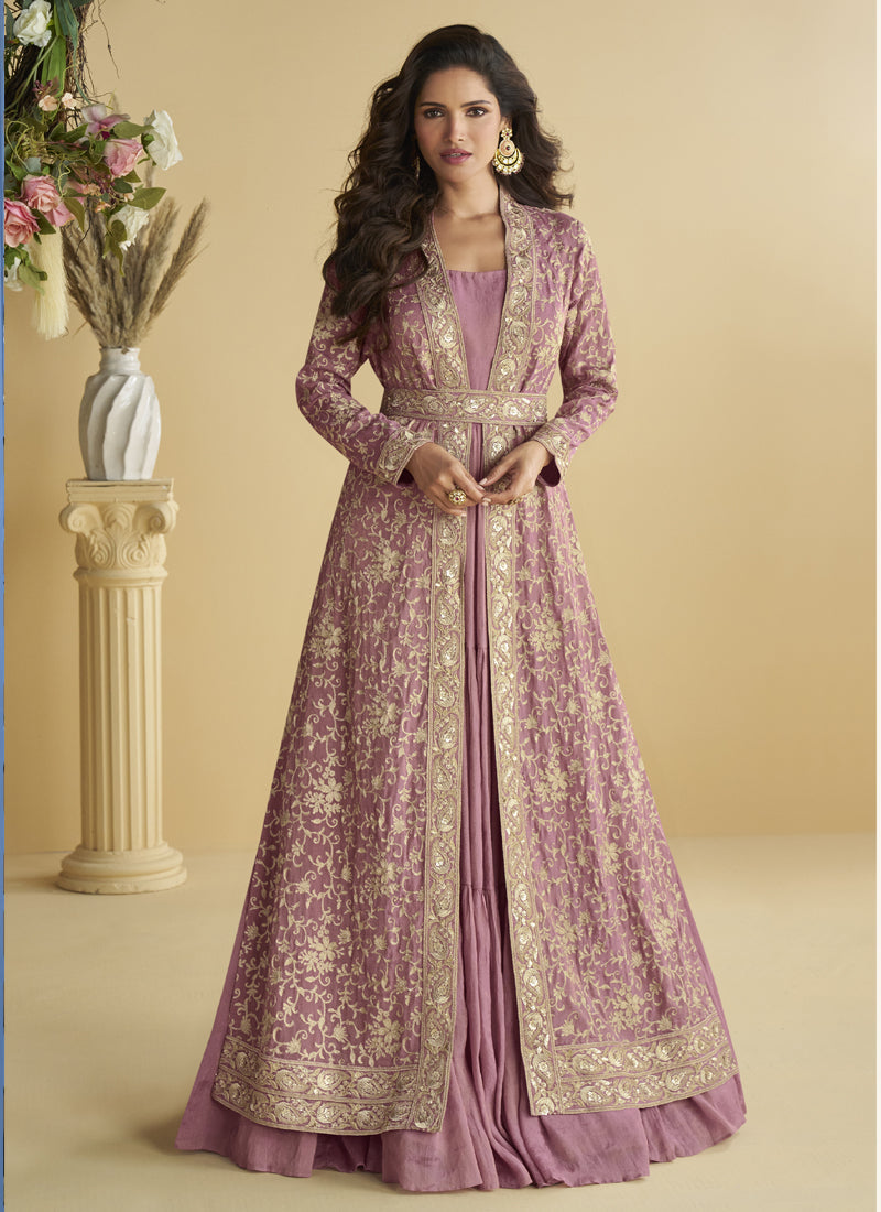 Onion Pink Chinon Silk Embroidered Designer Gown With Shrug