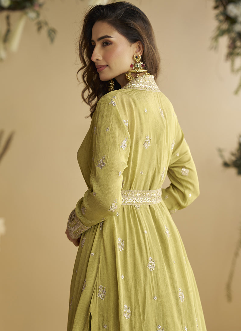 Lemon Yellow Chinon Silk Embroidered Designer Gown With Shrug