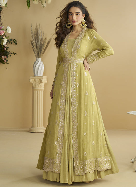 Lemon Yellow Chinon Silk Embroidered Designer Gown With Shrug