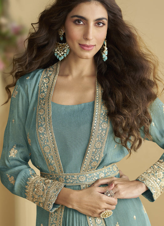 Sky Blue Chinon Silk Embroidered Designer Gown With Shrug
