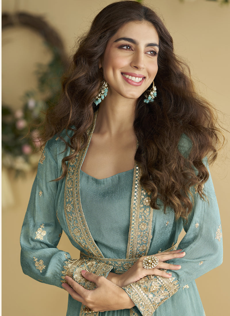 Sky Blue Chinon Silk Embroidered Designer Gown With Shrug