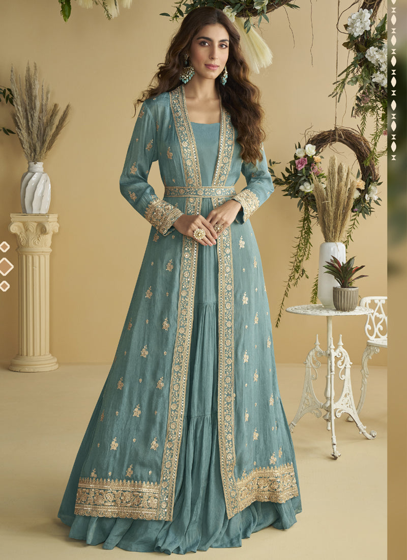 Sky Blue Chinon Silk Embroidered Designer Gown With Shrug