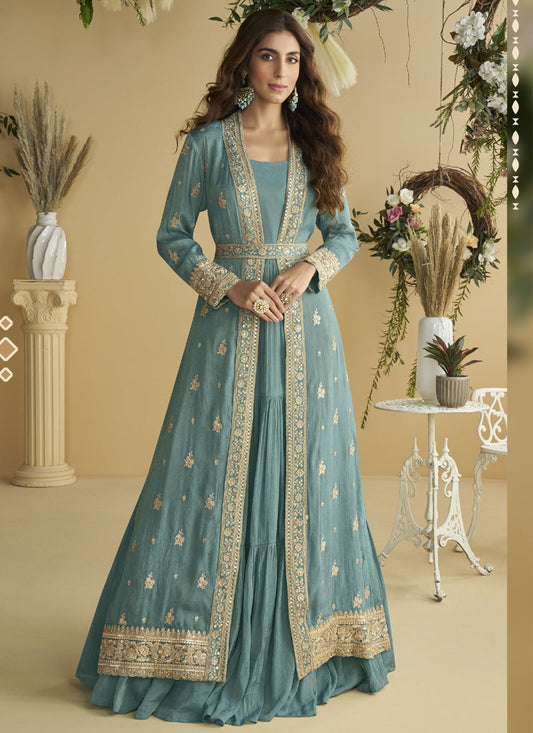 Sky Blue Chinon Silk Embroidered Designer Gown With Shrug