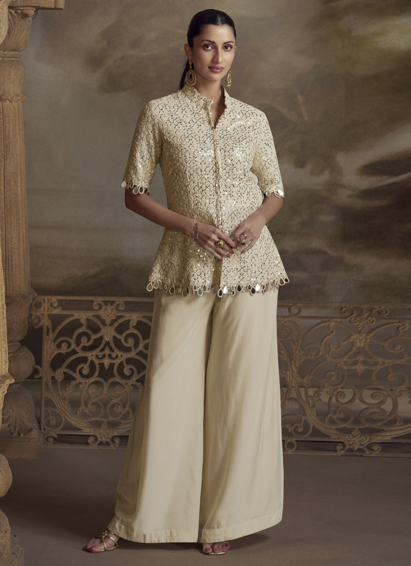 Cream Georgette Embroidered Palazzo Suit