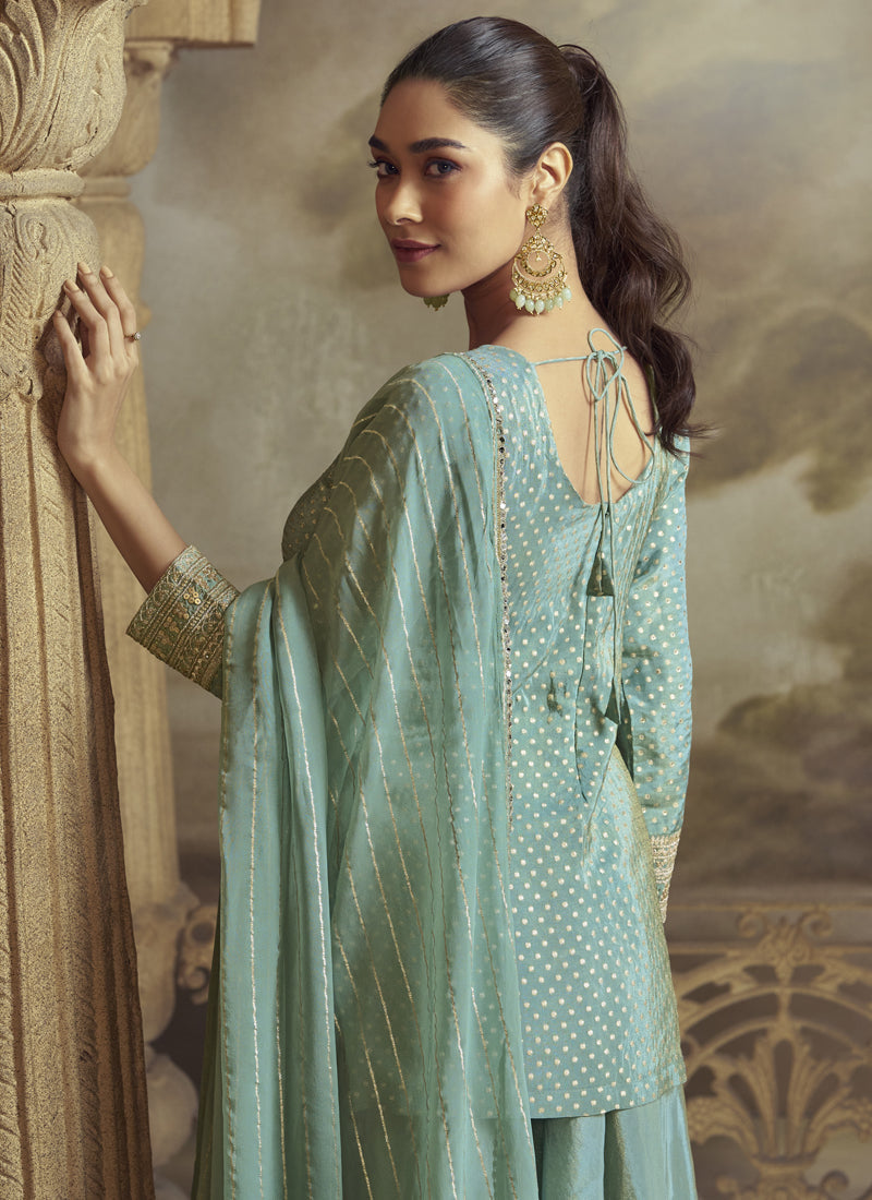 Sky Blue Viscose Shimmer Butti Embroidered Palazzo Suit