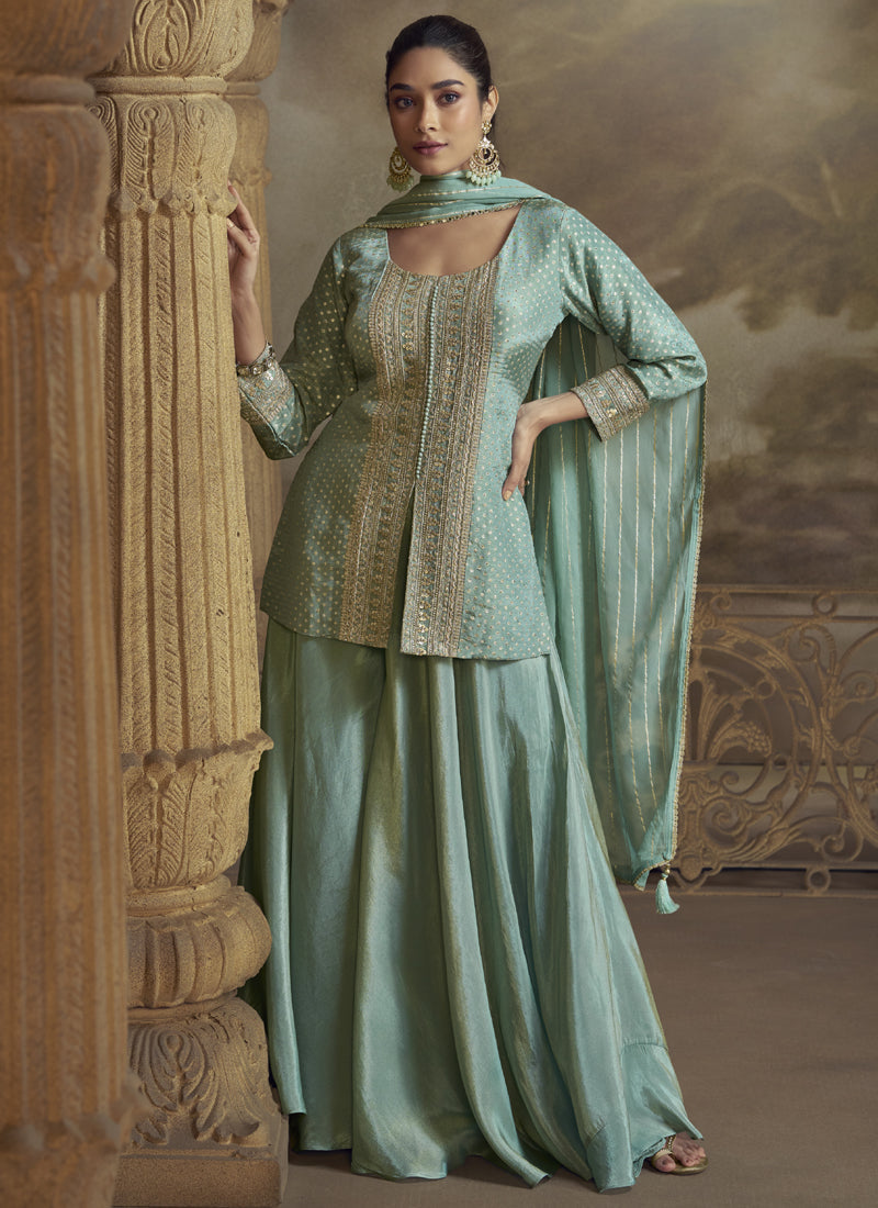 Sky Blue Viscose Shimmer Butti Embroidered Palazzo Suit